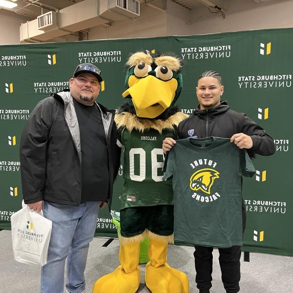 Student and father with Freddy at Future Falcon Day